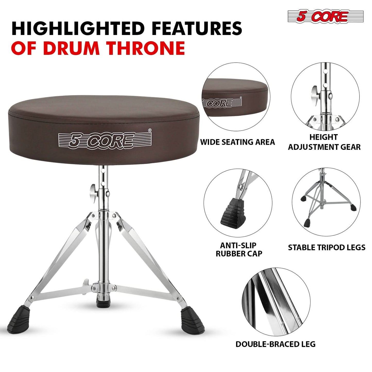 5Core Drum Throne Padded Adjustable Guitar Stool Drummer Seat for Adults & Kids BROWN-1