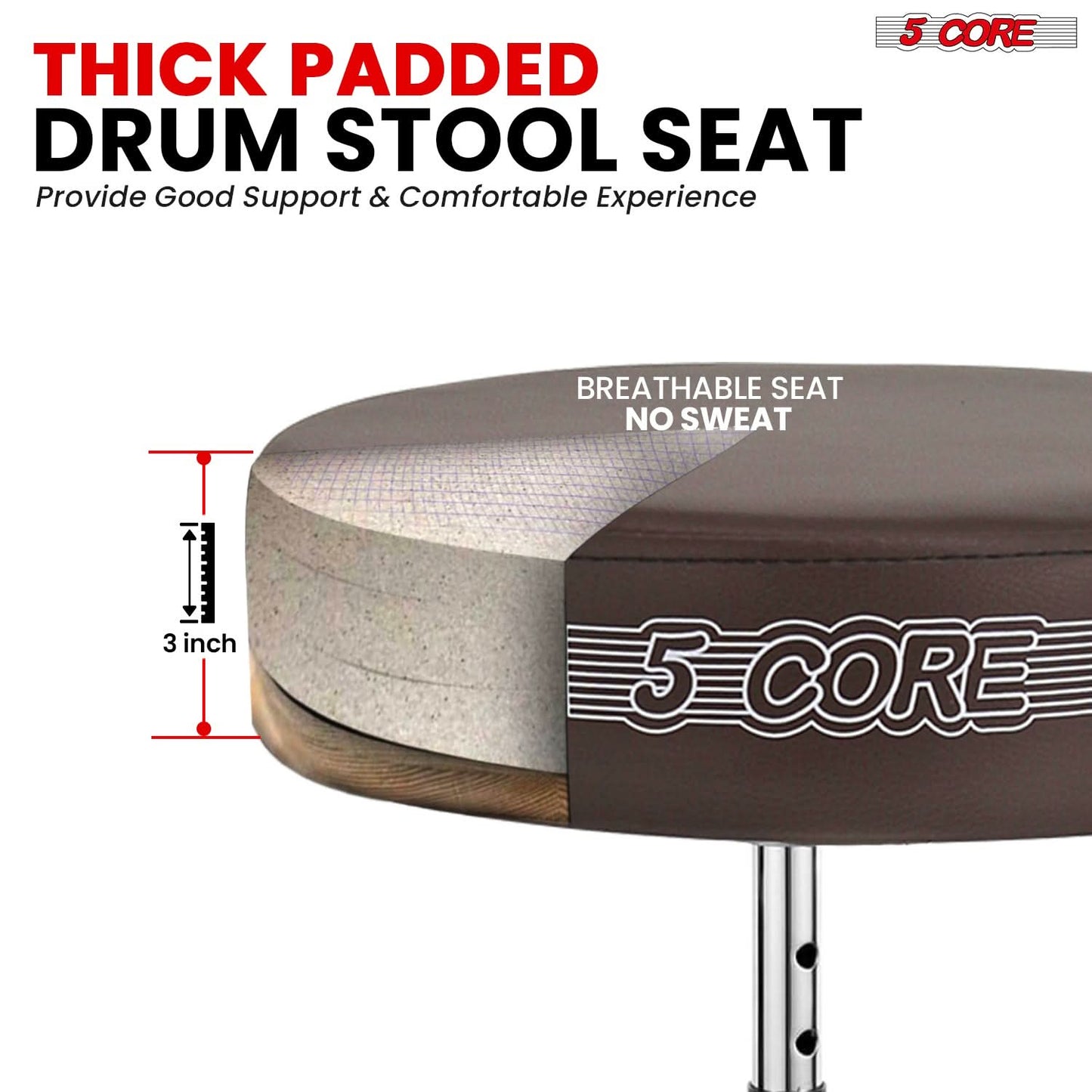 5Core Drum Throne Padded Adjustable Guitar Stool Drummer Seat for Adults & Kids BROWN-2