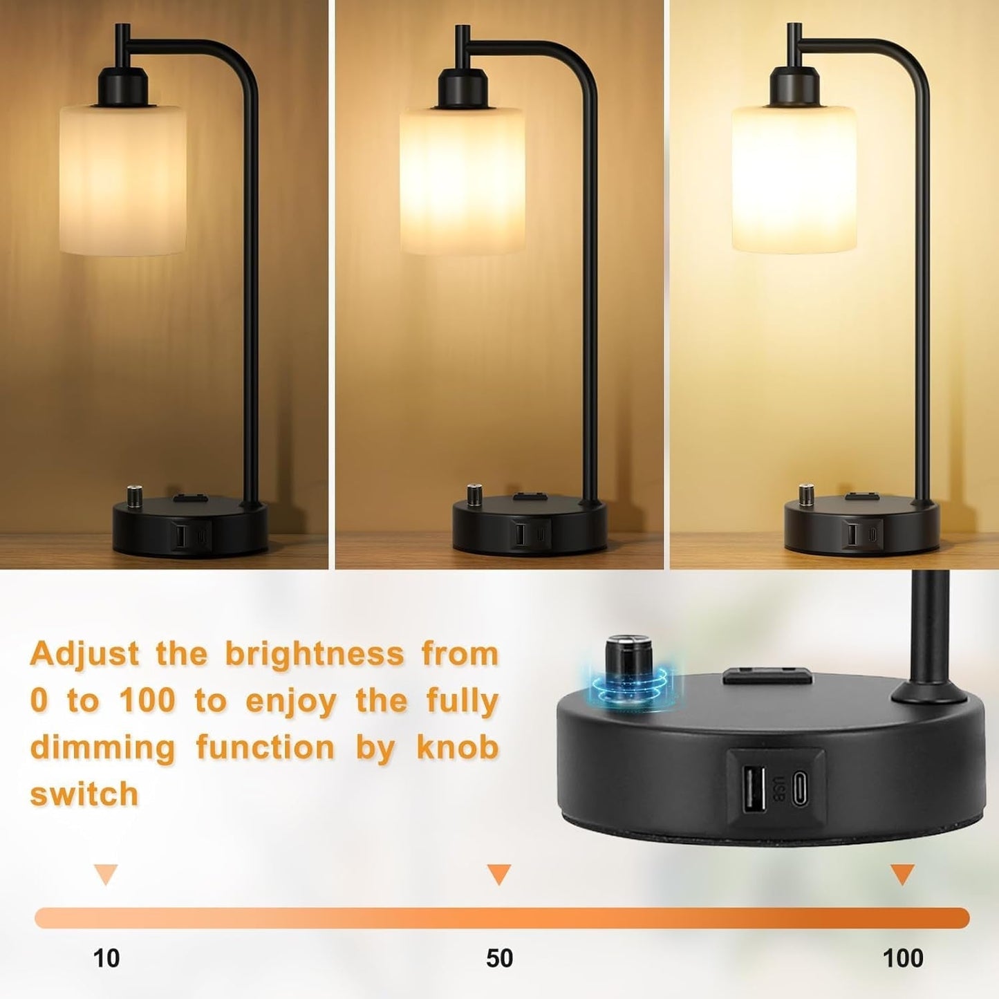 Industrial Bedroom Lamps for Nightstand Set of 2 - Fully Dimmable Bedside Lamps with USB a C Ports and Outlet, Black Table Lamps with Opal Glass Shade for Living Room, Desk Lamps for Office Reading-1