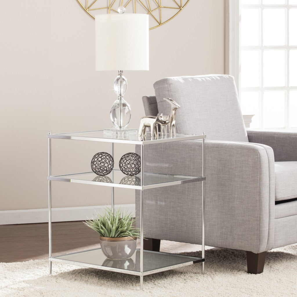27" Silver Mirrored Glass And Iron End Table With Shelf-7