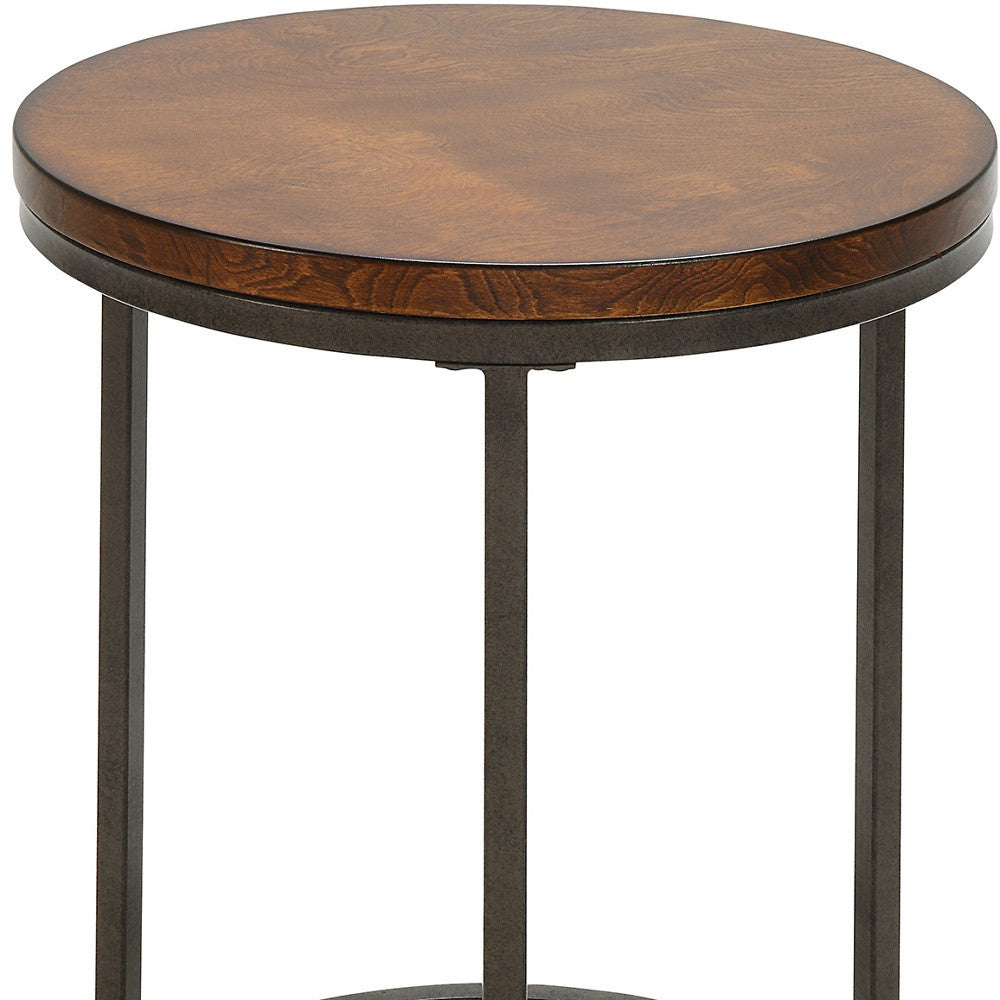24" Black And Wood Brown Wood And Iron Round End Table-3