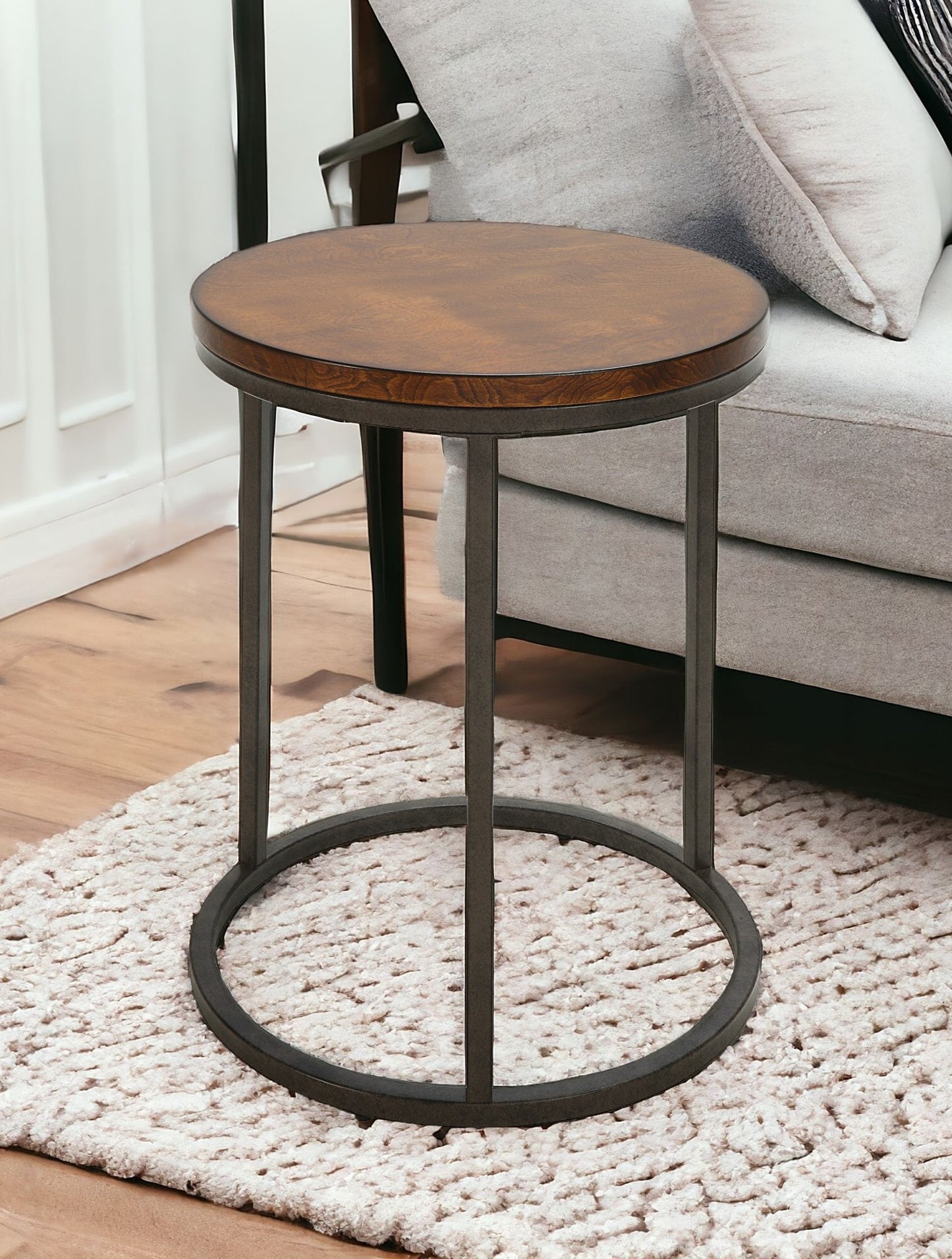 24" Black And Wood Brown Wood And Iron Round End Table-1