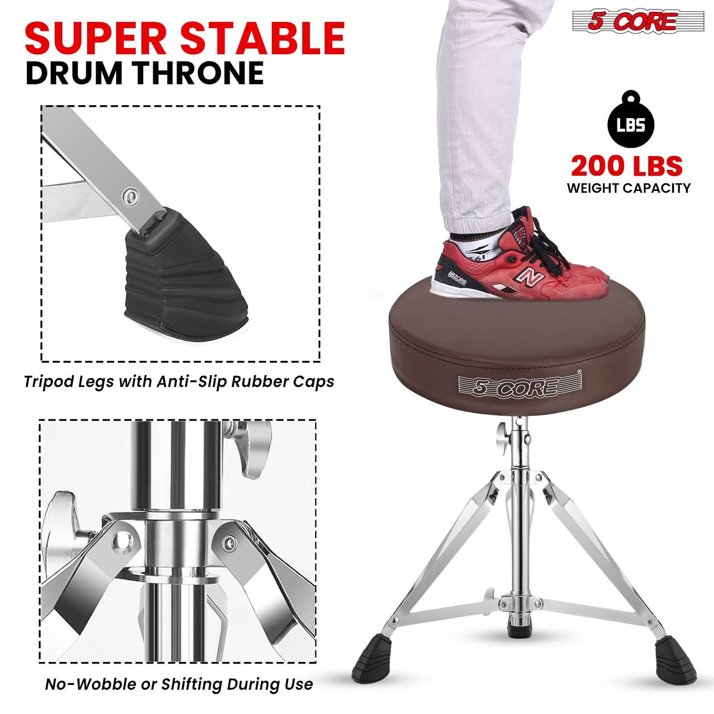 5Core Drum Throne Padded Adjustable Guitar Stool Drummer Seat for Adults & Kids BROWN-3