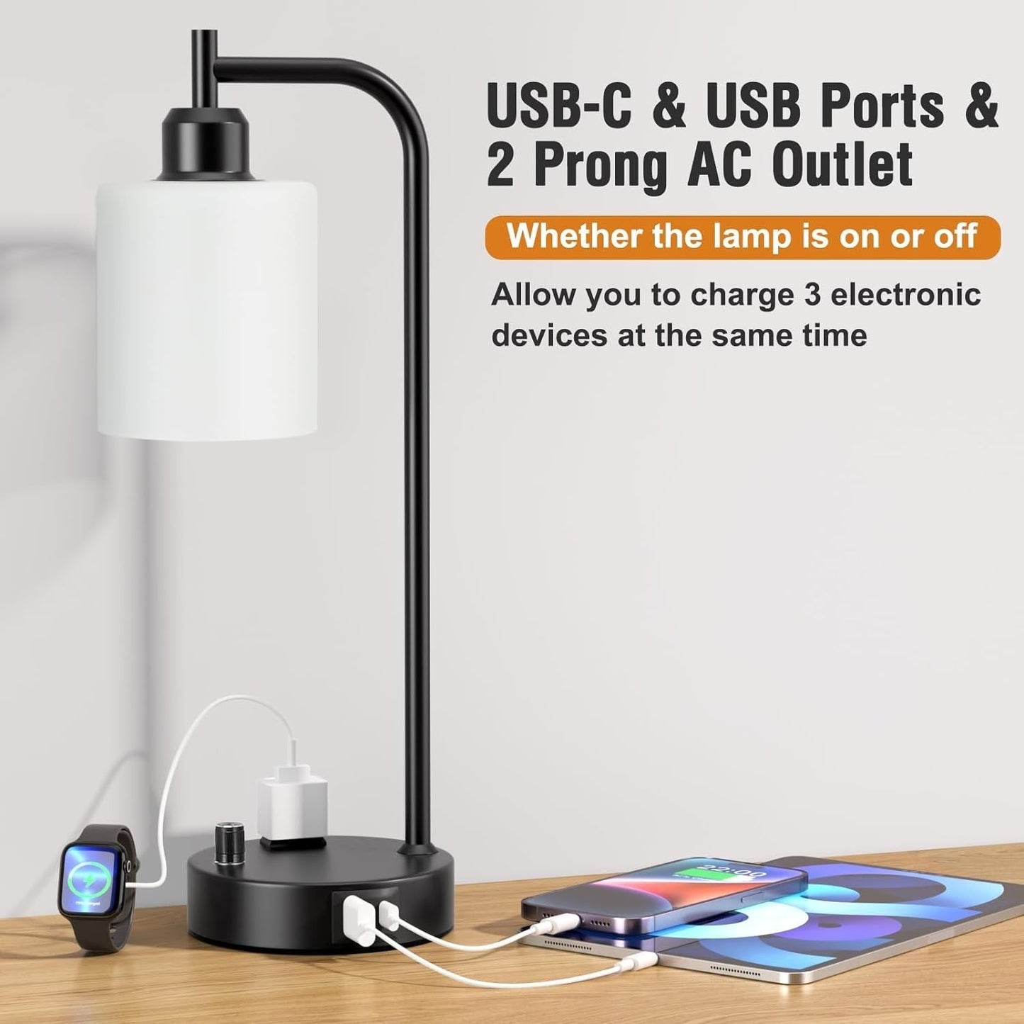 Industrial Bedroom Lamps for Nightstand Set of 2 - Fully Dimmable Bedside Lamps with USB a C Ports and Outlet, Black Table Lamps with Opal Glass Shade for Living Room, Desk Lamps for Office Reading-3