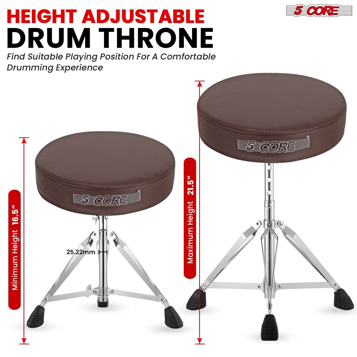 5Core Drum Throne Padded Adjustable Guitar Stool Drummer Seat for Adults & Kids BROWN-4