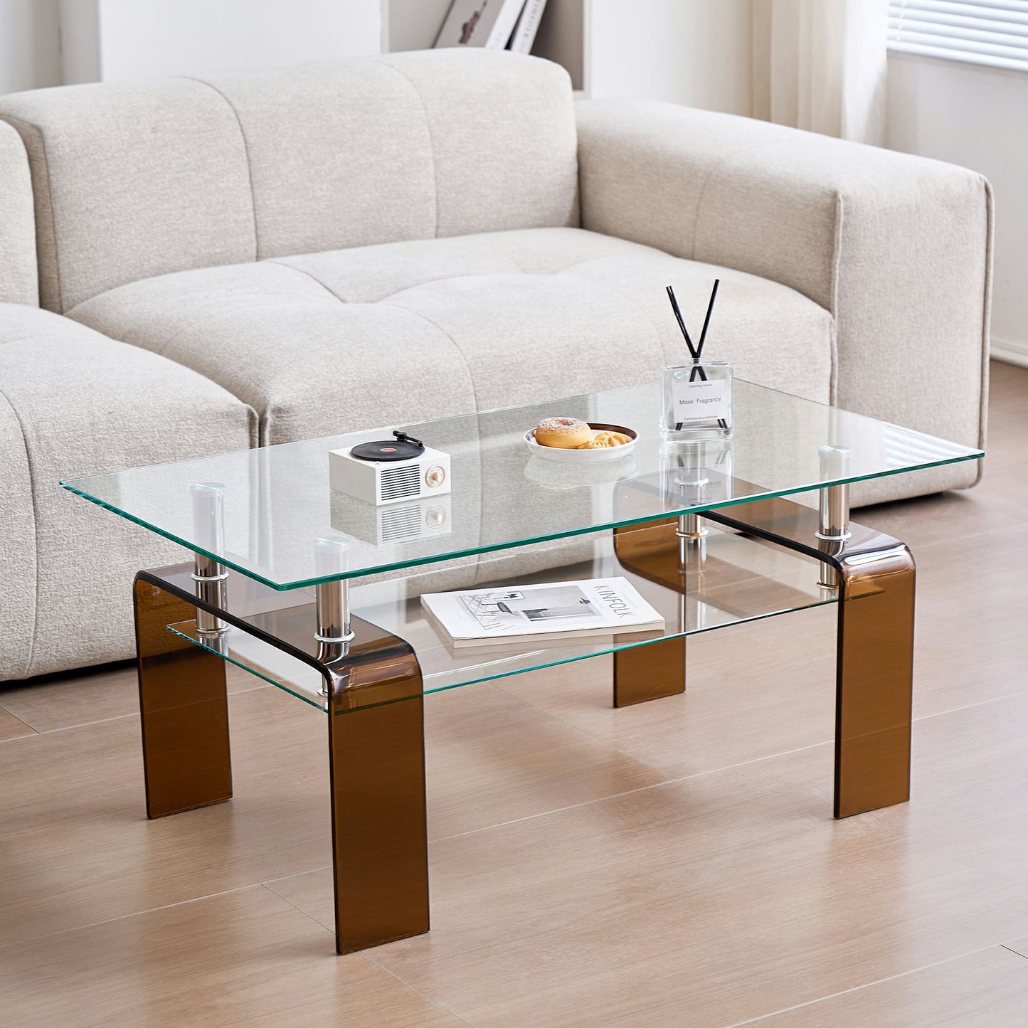 39" Clear and Brown Glass Coffee Table With Shelf-7
