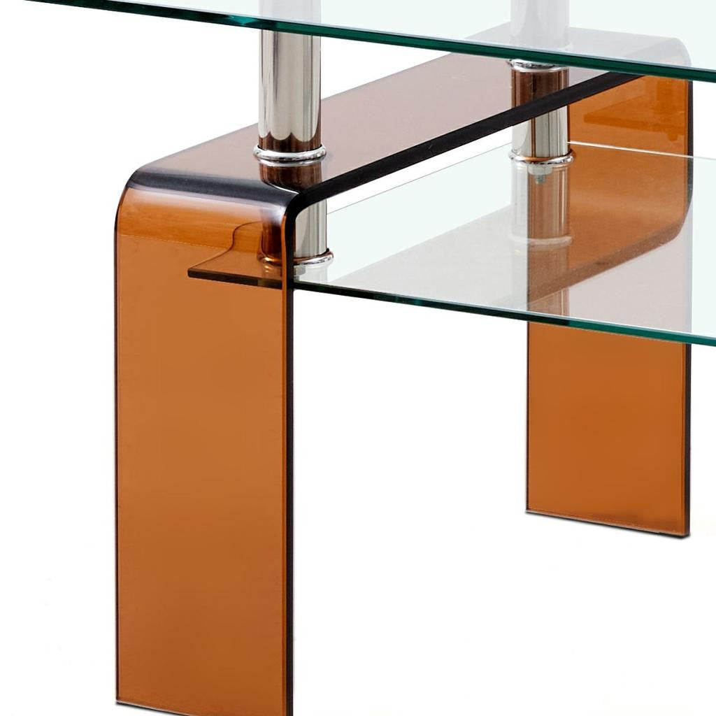 39" Clear and Brown Glass Coffee Table With Shelf-4