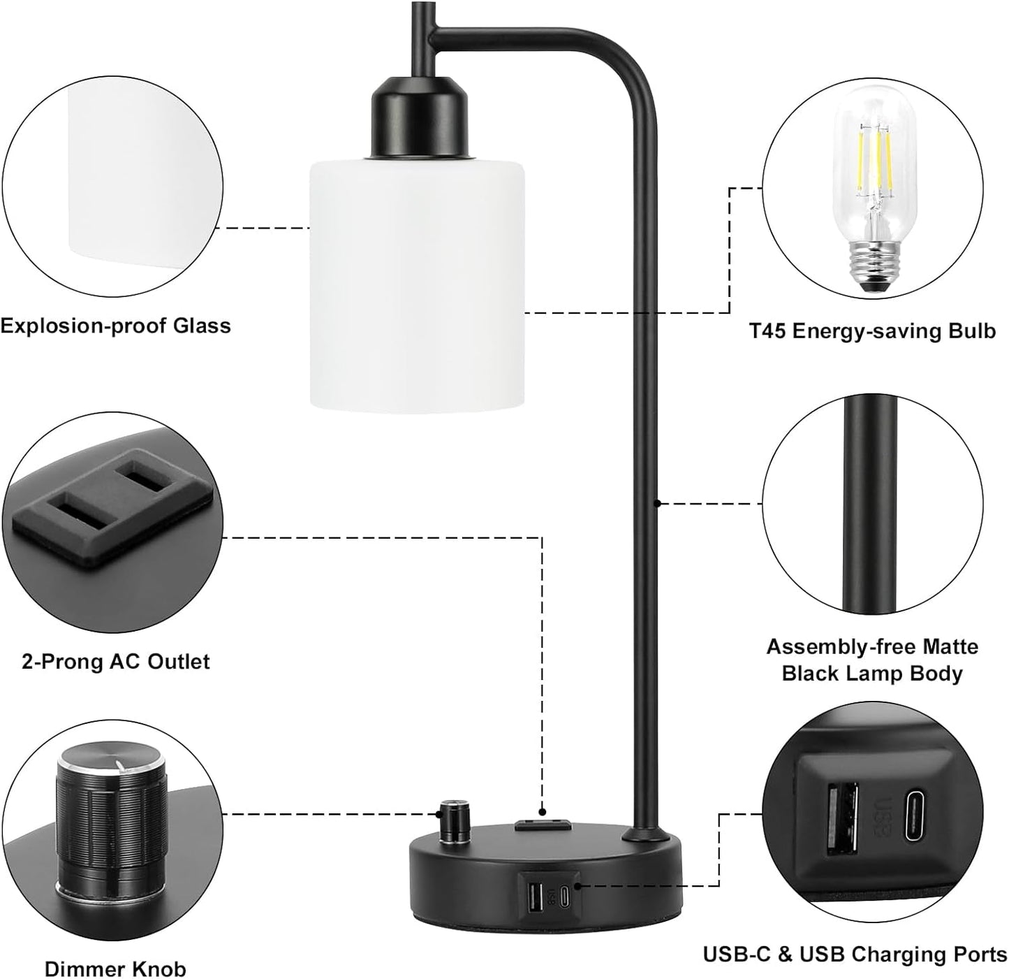 Industrial Bedroom Lamps for Nightstand Set of 2 - Fully Dimmable Bedside Lamps with USB a C Ports and Outlet, Black Table Lamps with Opal Glass Shade for Living Room, Desk Lamps for Office Reading-4