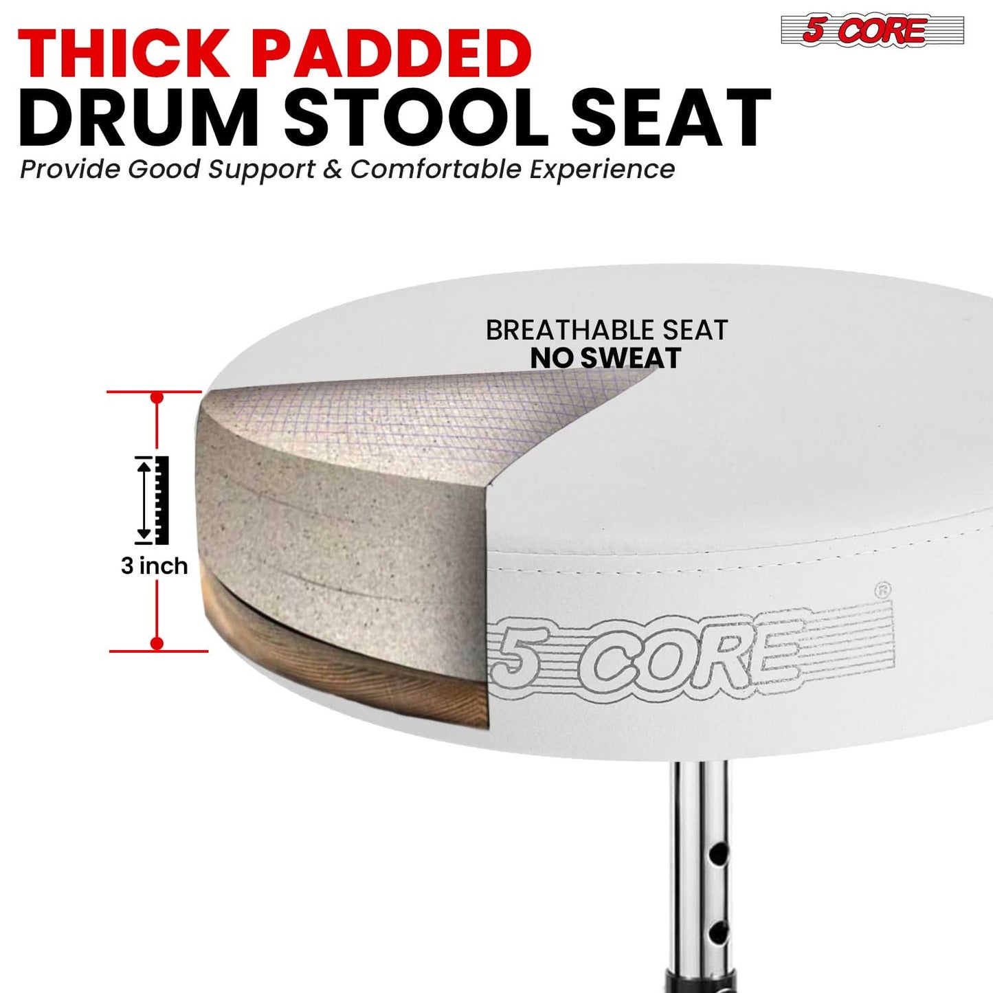 5Core Drum Throne Padded Adjustable Guitar Stool Drummer Seat for Adults & Kids WHITE-1