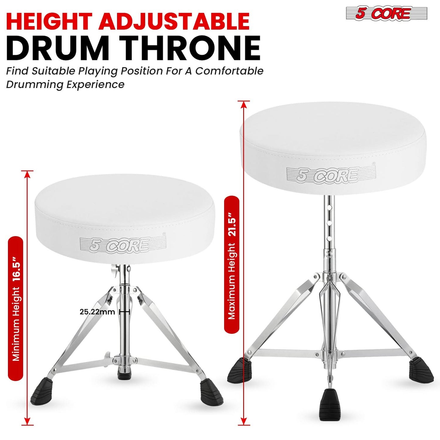 5Core Drum Throne Padded Adjustable Guitar Stool Drummer Seat for Adults & Kids WHITE-2