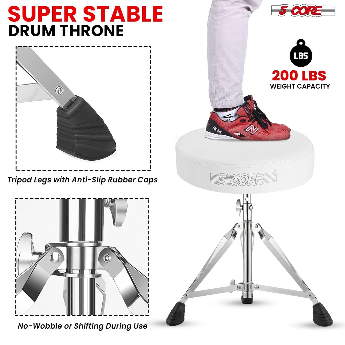 5Core Drum Throne Padded Adjustable Guitar Stool Drummer Seat for Adults & Kids WHITE-4
