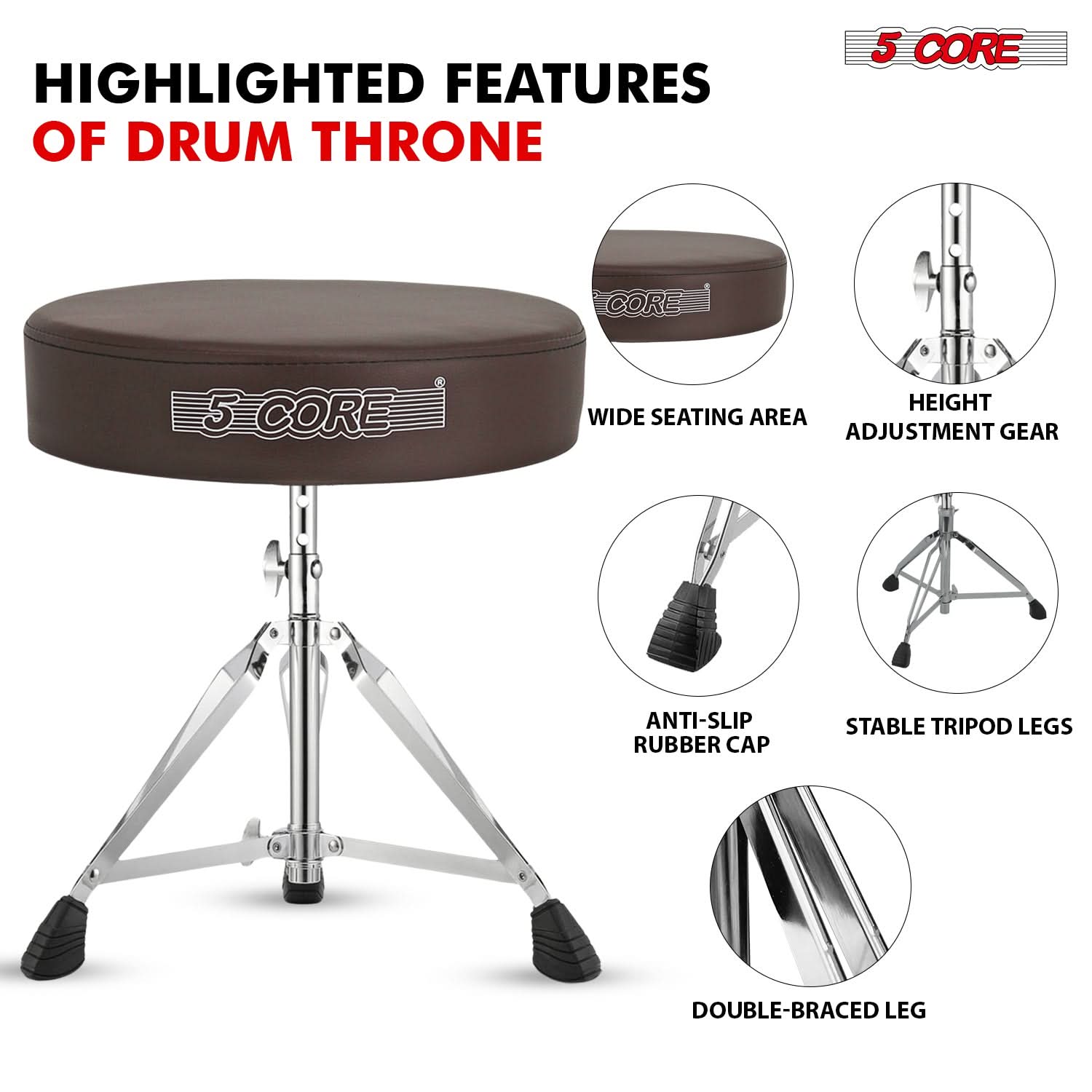 5Core Drum Throne Padded Adjustable Guitar Stool Drummer Seat for Adults & Kids BROWN-1