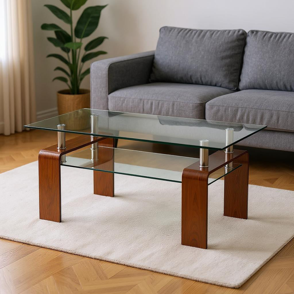 39" Clear and Brown Glass Coffee Table With Shelf-1