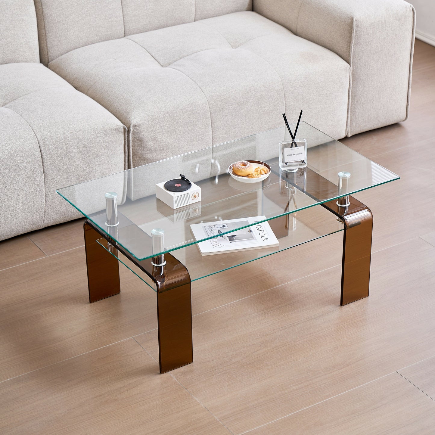 39" Clear and Brown Glass Coffee Table With Shelf-5