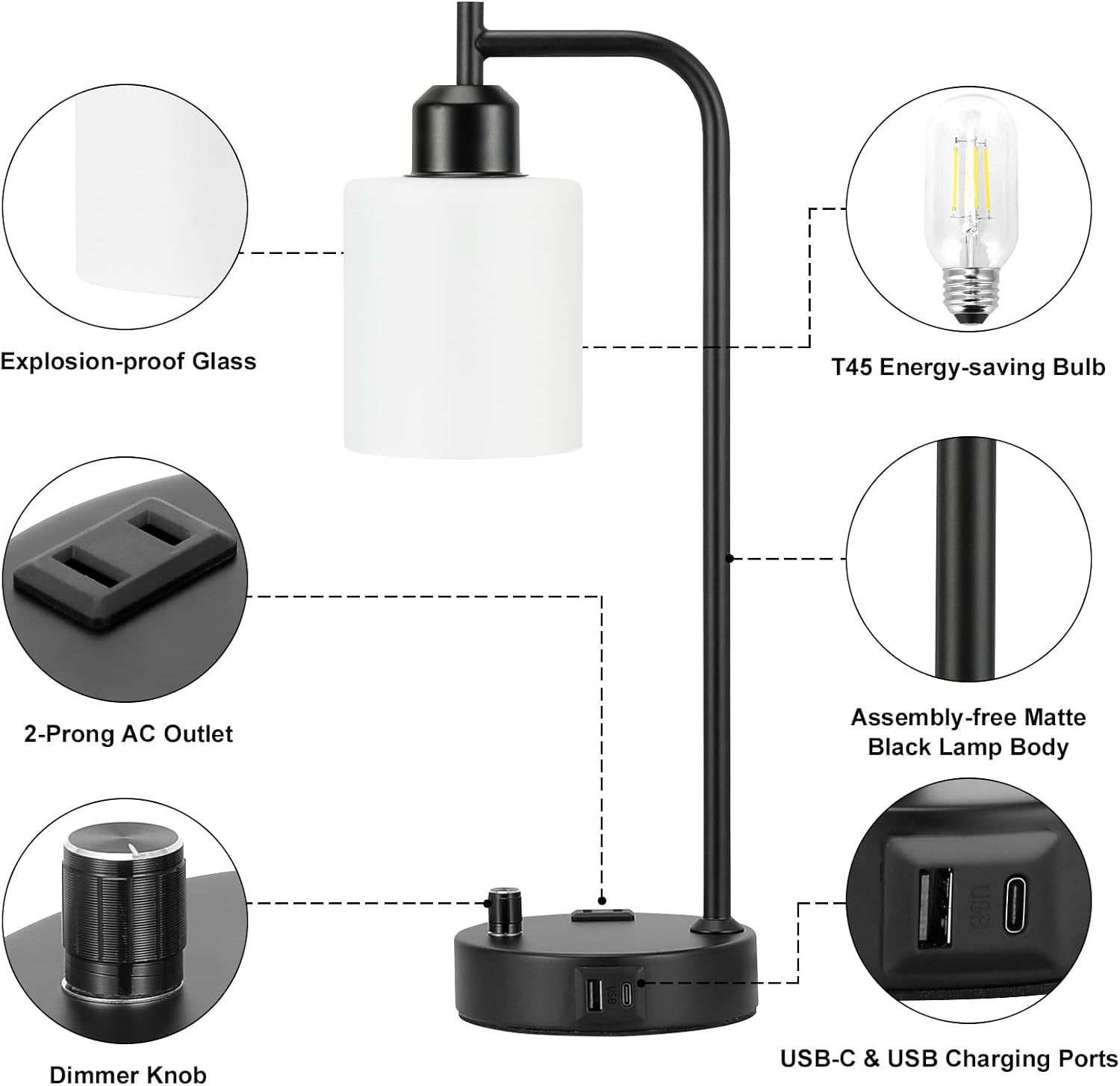 Industrial Bedroom Lamps for Nightstand Set of 2 - Fully Dimmable Bedside Lamps with USB a C Ports and Outlet, Black Table Lamps with Opal Glass Shade for Living Room, Desk Lamps for Office Reading-4