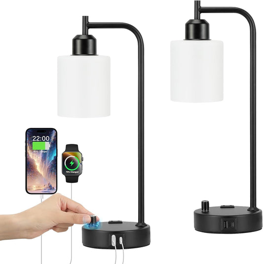 Industrial Bedroom Lamps for Nightstand Set of 2 - Fully Dimmable Bedside Lamps with USB a C Ports and Outlet, Black Table Lamps with Opal Glass Shade for Living Room, Desk Lamps for Office Reading-0