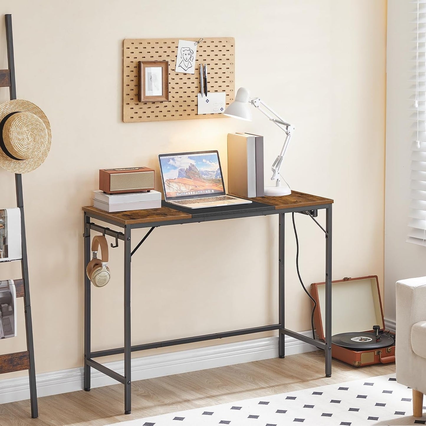 Computer Desk, Home Office Desk with Power Outlet, Modern Study Writing Desk with 3 Hooks for Study Room, Home Office, Sturdy and Stable, Easy to Assemble, Rustic Brown and Black BF41UDN01-4