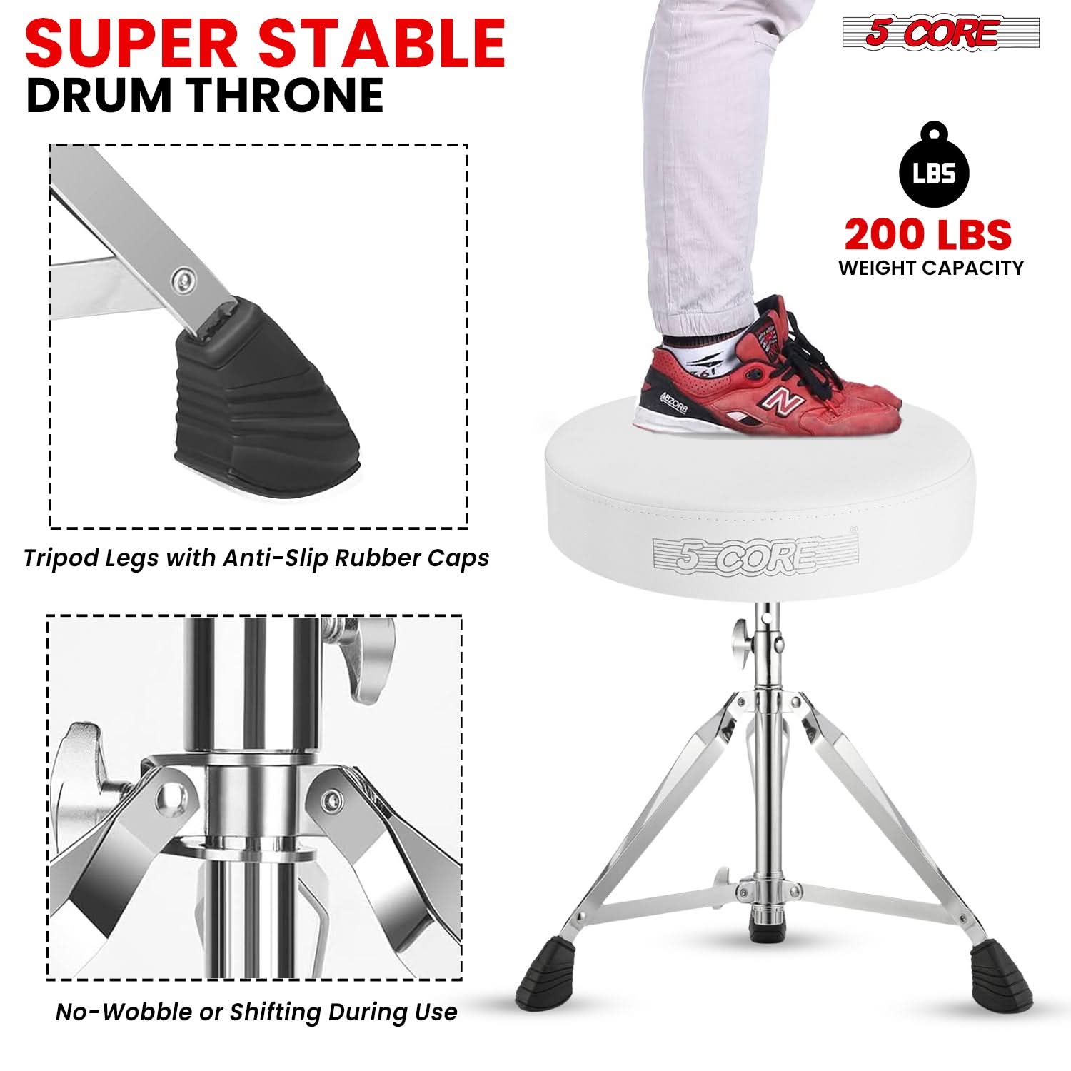5Core Drum Throne Padded Adjustable Guitar Stool Drummer Seat for Adults & Kids WHITE-4